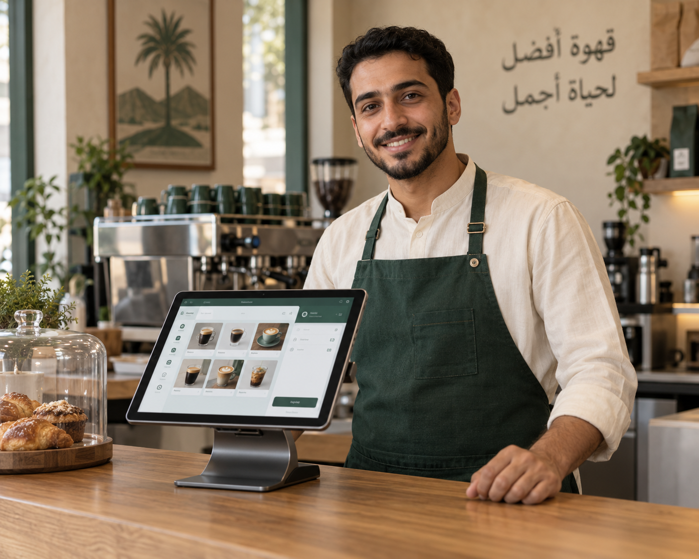 موظف كاشير مبتسم في مقهى، وأمامه جهاز لوحي على حامل يعرض واجهة نقطة البيع